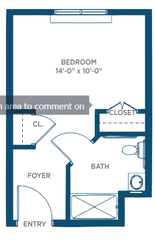 Floor plan depicting a one-bedroom apartment with a bathroom, closet, and foyer.