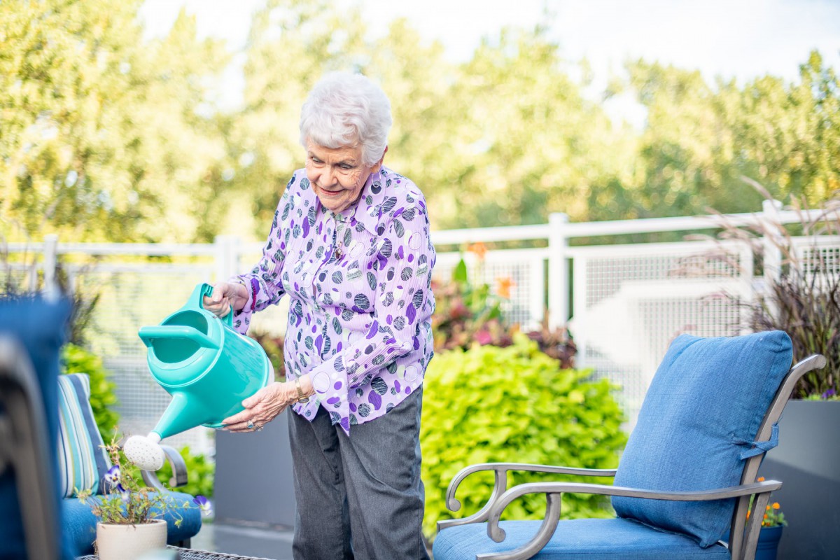 An elderly woman waters plants on a sunny day.