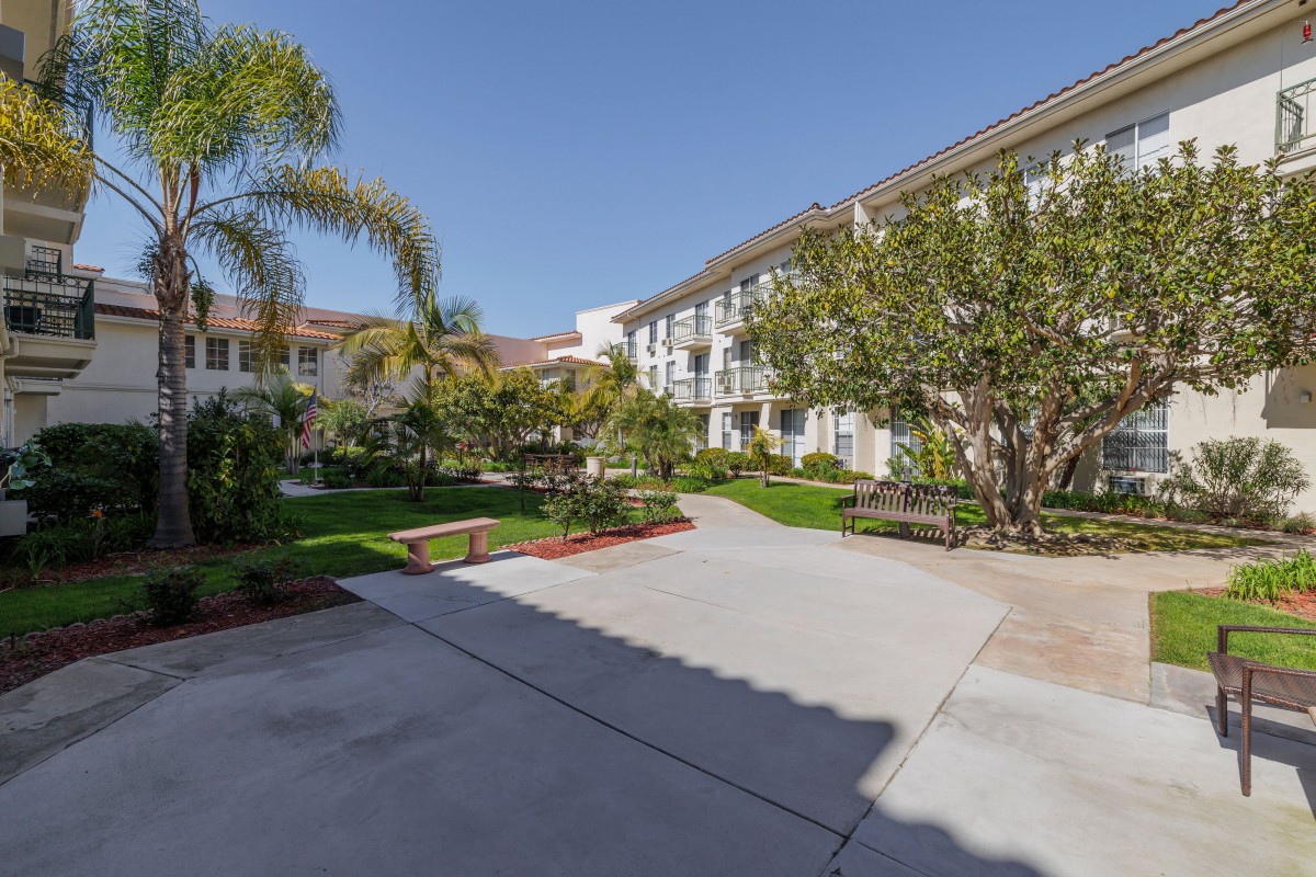 A sunny courtyard with a well-maintained garden and palm trees in an apartment complex.