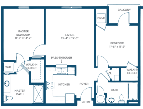 A floor plan depicting an apartment layout with two bedrooms, a kitchen, living area, and balcony.