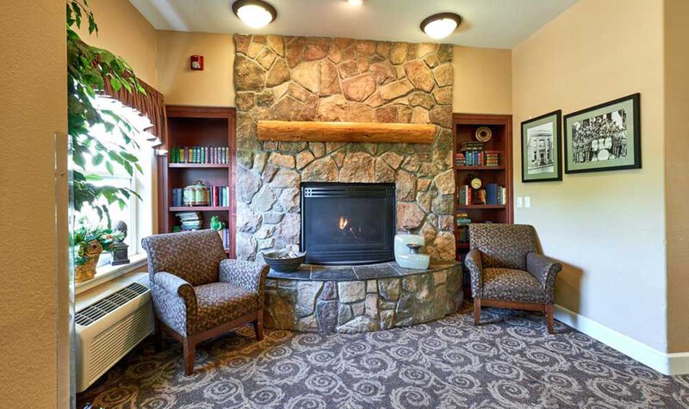 A cozy living room with a stone fireplace flanked by armchairs and bookcases.
