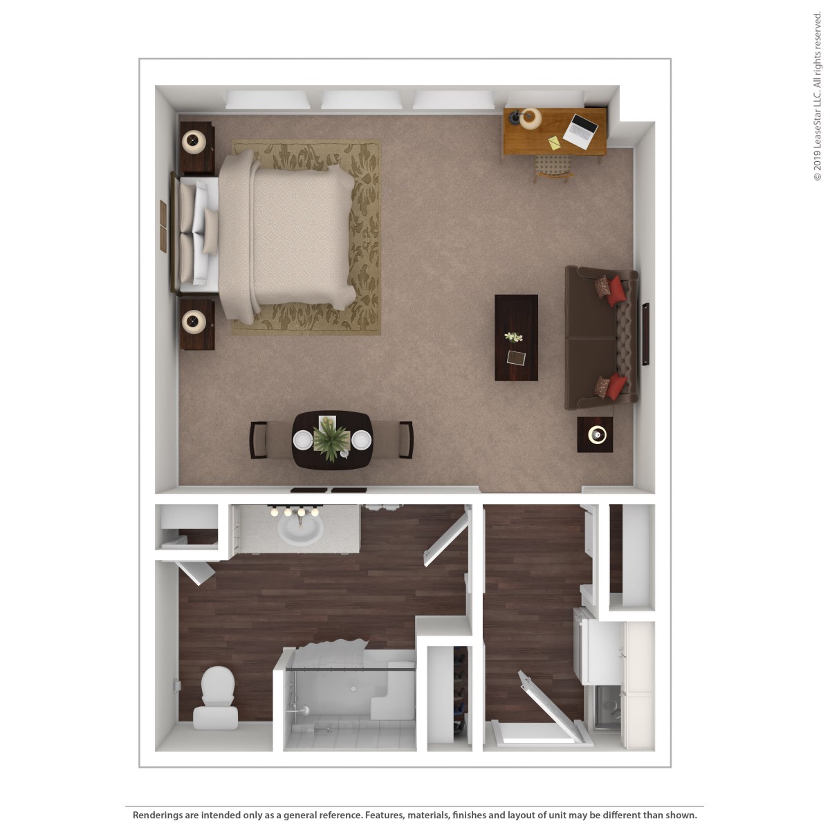 A floor plan depicting a one-bedroom apartment with distinct areas for the bedroom, living room, and kitchen.