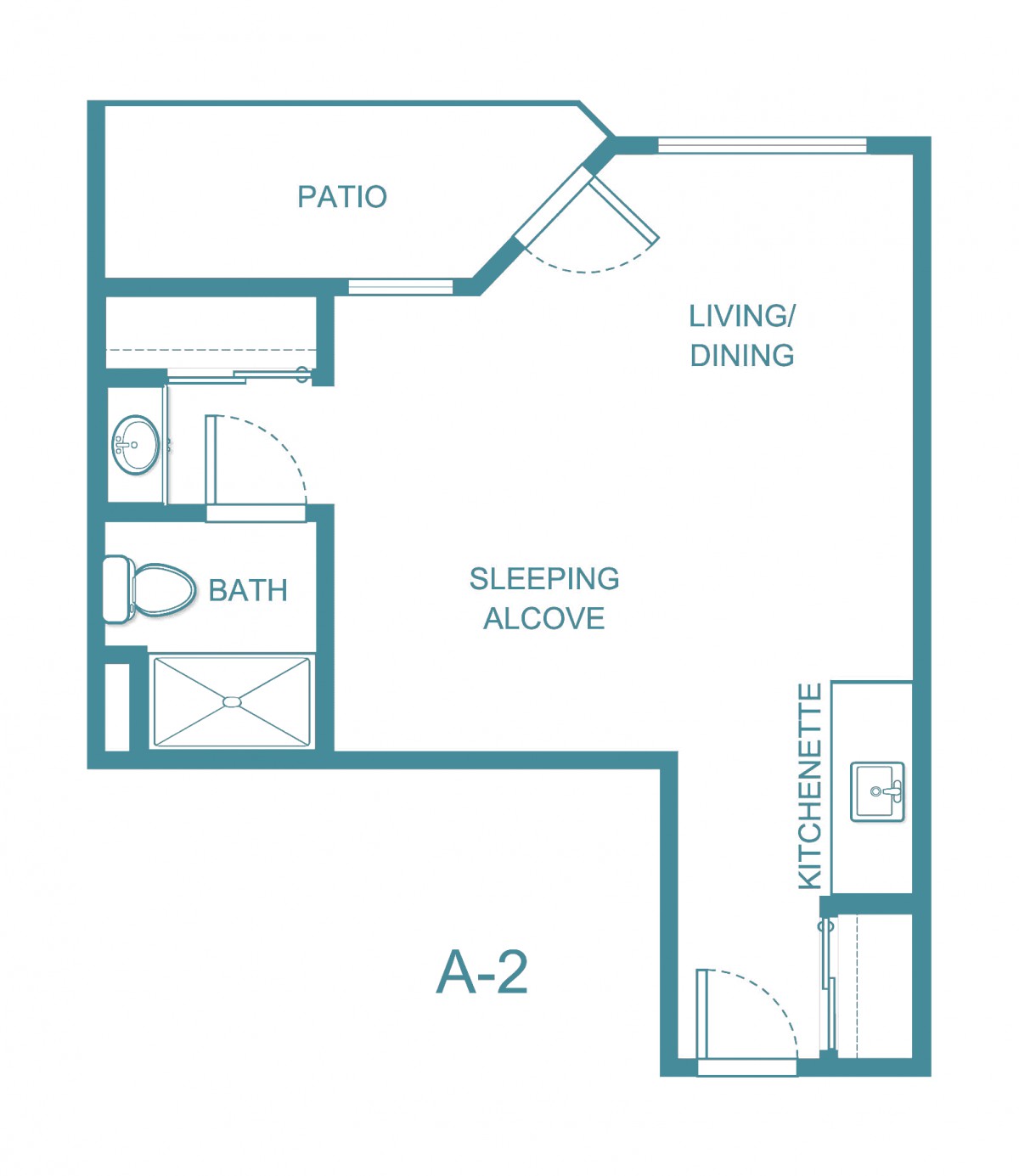 Studio apartment floor plan with a patio, living/dining area, sleeping alcove, bath, and kitchenette.
