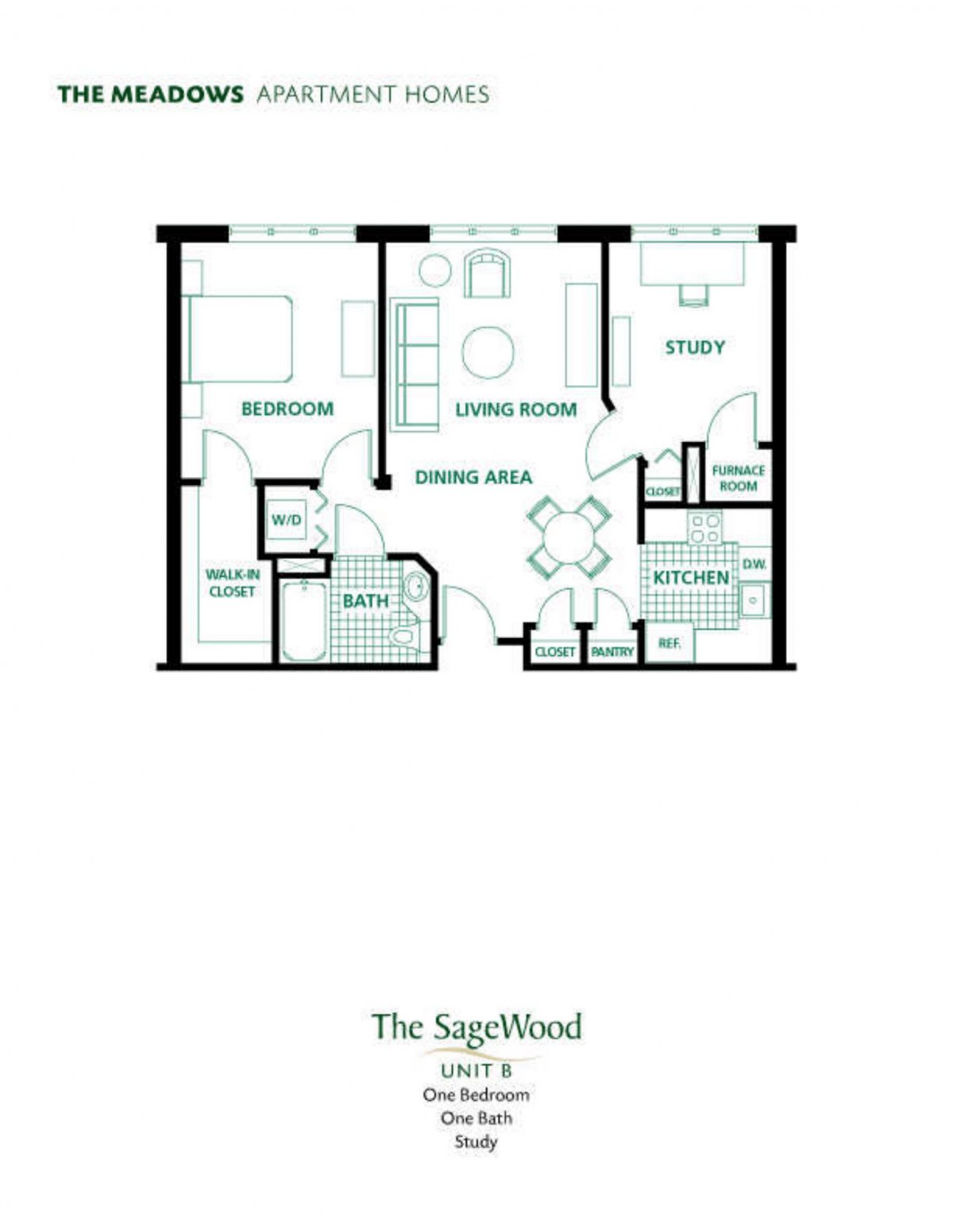 Floor plan of a one-bedroom apartment with study, living room, kitchen, and bathroom.