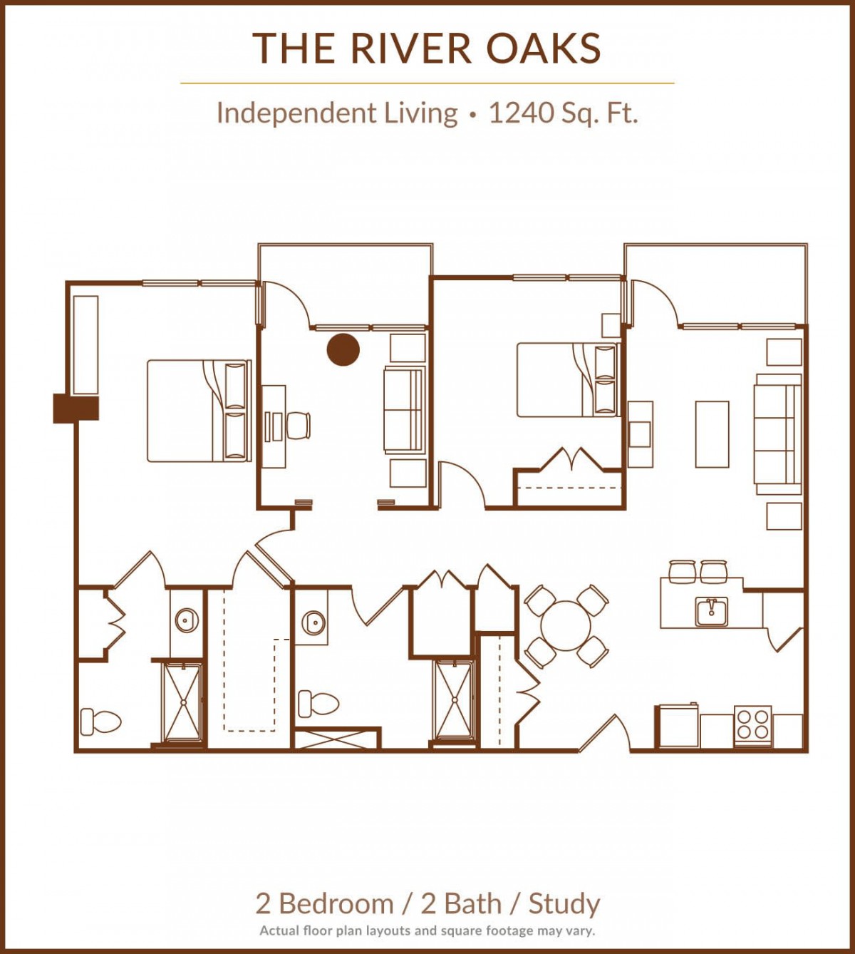 Floor plan for The River Oaks, showcasing an independent living apartment of 1240 sq. ft.