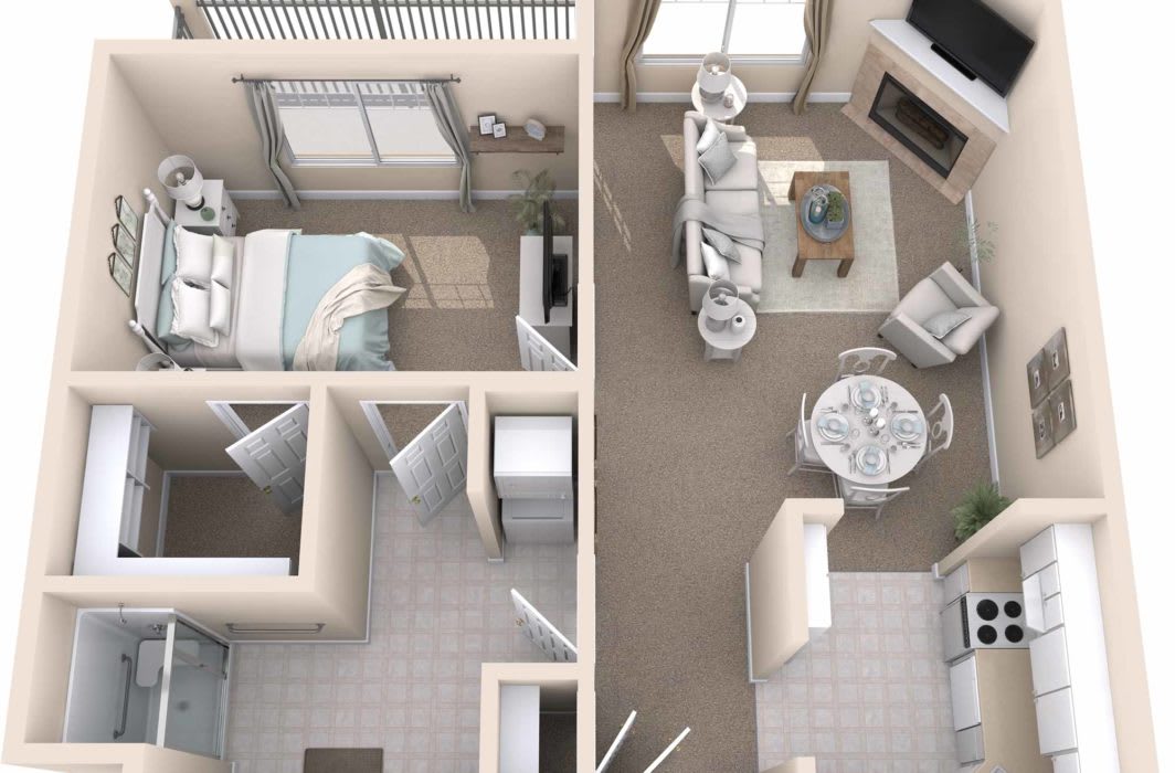 A detailed floor plan of a one-bedroom apartment featuring a living room, kitchen, and bathroom.