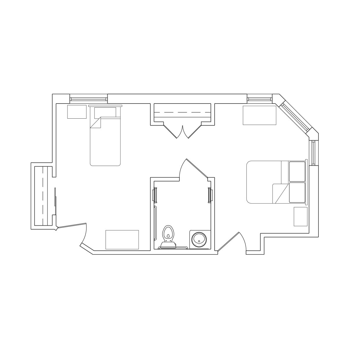 A detailed floor plan of a room showing the layout of furniture and fixtures.