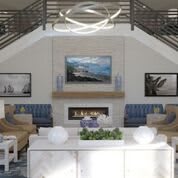 A modern living room with stylish furniture, a central fireplace, and contemporary artwork.