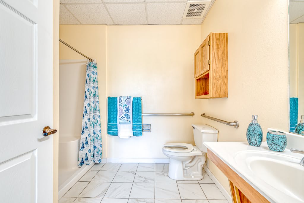 A clean and bright bathroom featuring a shower with a patterned curtain, a toilet, towels, and handrails for accessibility.