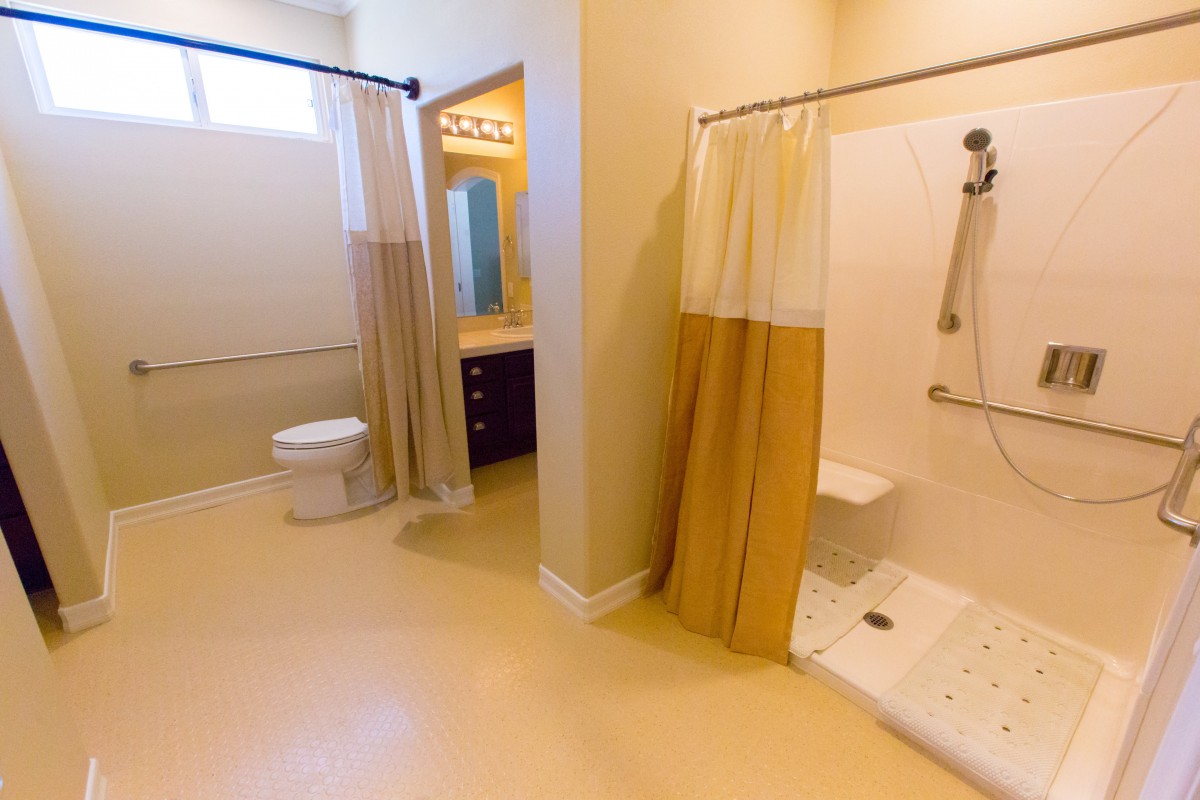 Accessible bathroom with a walk-in shower and curtain.