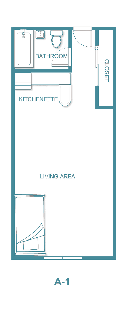 A minimalist floor plan of a studio apartment featuring a kitchenette and living area.