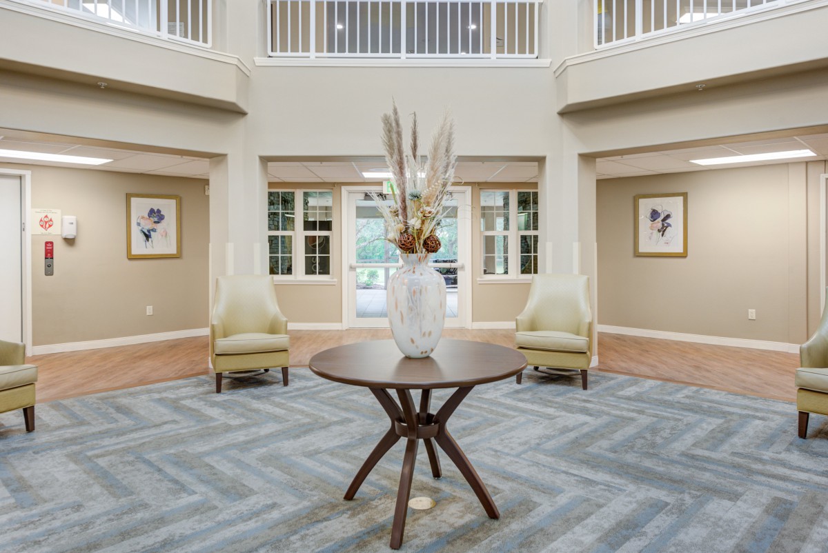 A modern lobby with elegant decor and comfortable seating arrangements.