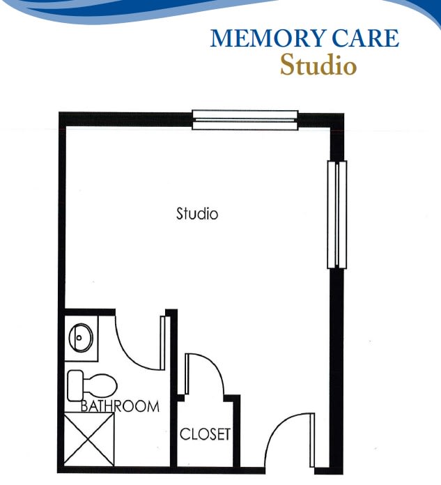 Floor plan of a memory care studio apartment.
