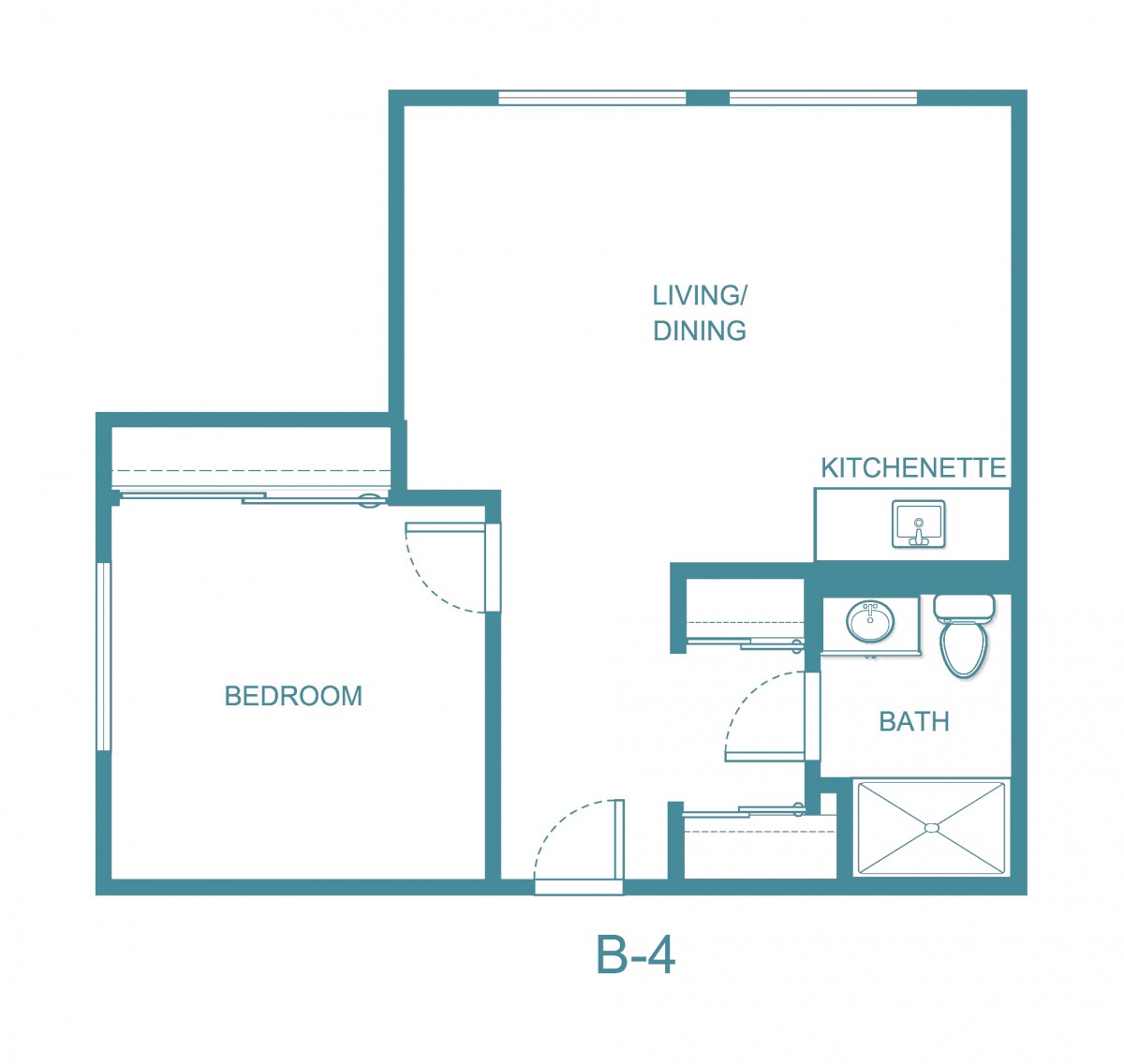 Blueprint of a one-bedroom apartment layout with lounge, kitchenette, and bathroom.