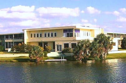 A modern waterfront house surrounded by palm trees, overlooking a tranquil lake.