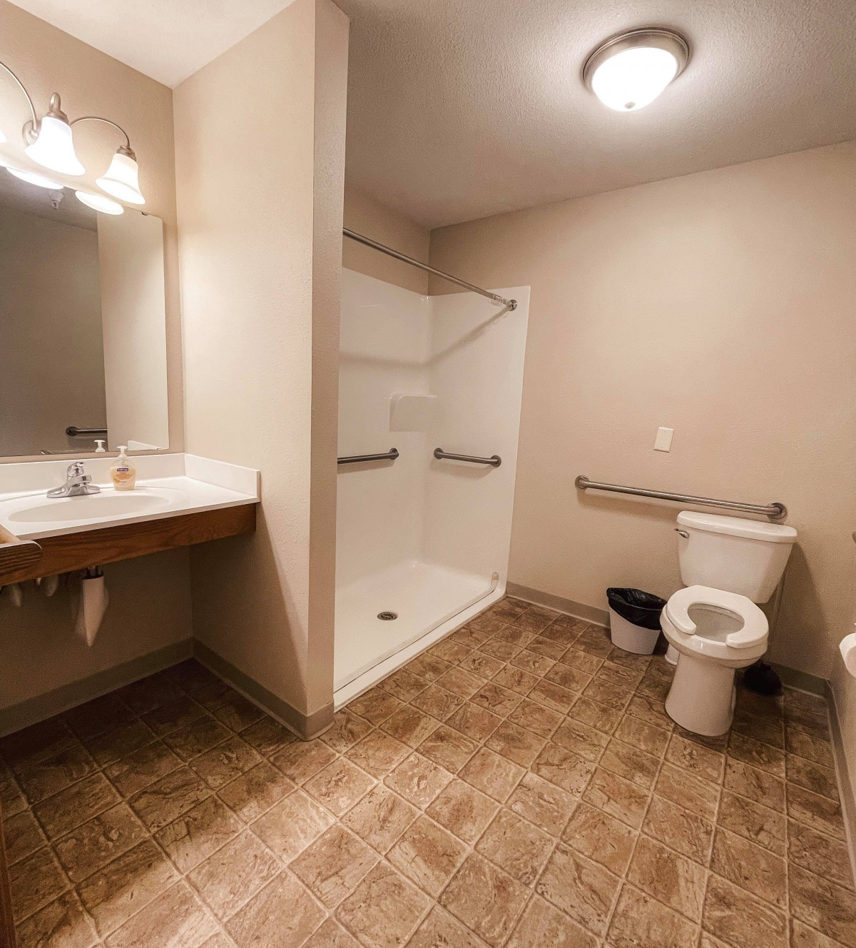 An accessible bathroom featuring a roll-in shower, toilet, and sink with grab bars for support.