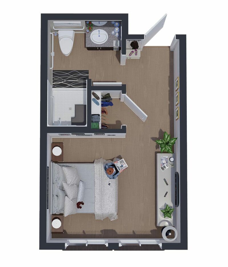 3D floor plan of a compact one-bedroom apartment with modern furnishings.