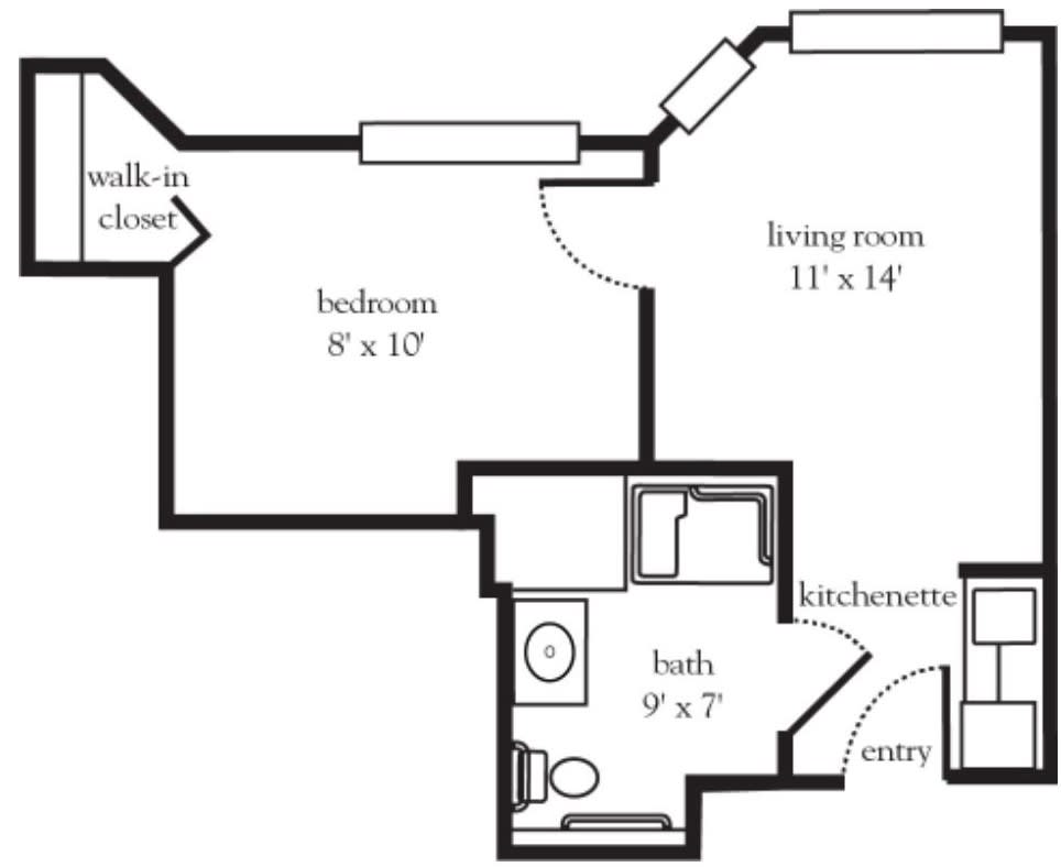 A simple apartment floor plan with designated areas for a bedroom, bathroom, living room, and kitchen.