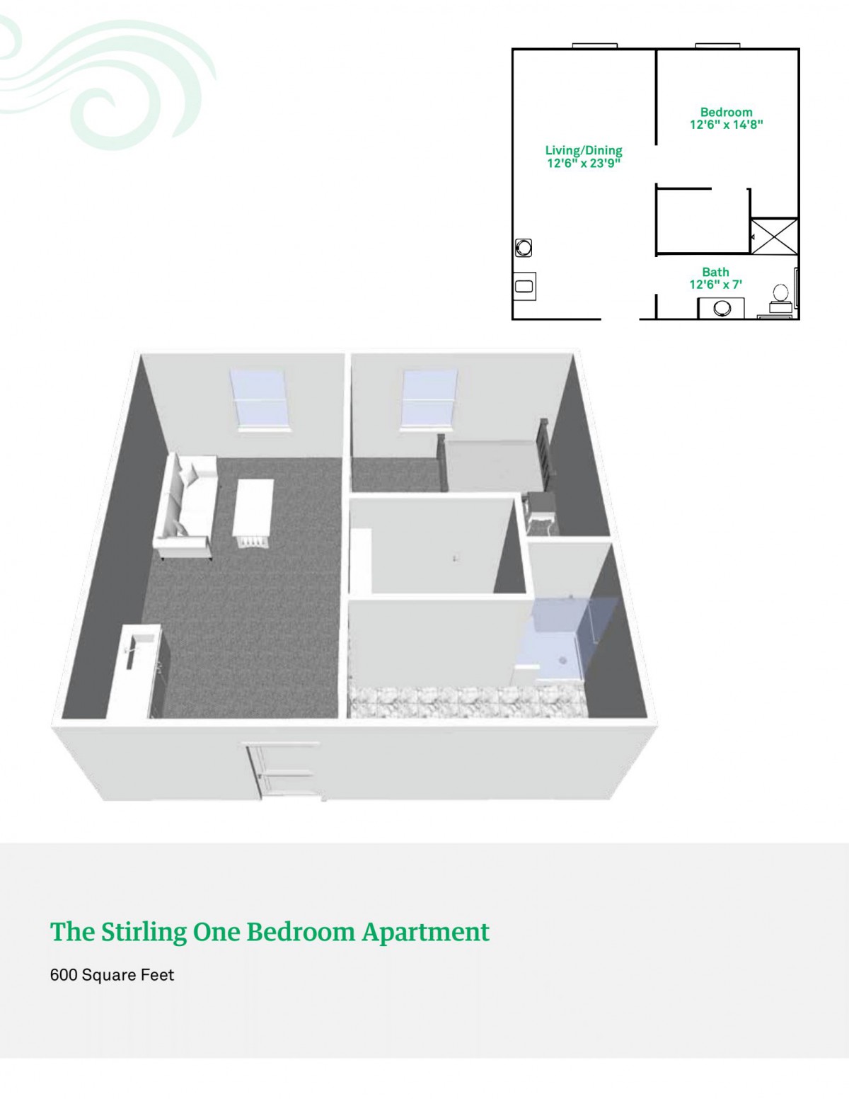 3D floor plan of a one-bedroom apartment with labeled rooms.