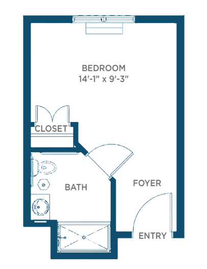 A compact one-bedroom apartment floor plan featuring a bedroom, bathroom, and foyer.