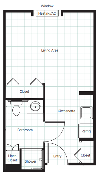 A floor plan of a studio apartment featuring a living area, bathroom, kitchenette, and closet.