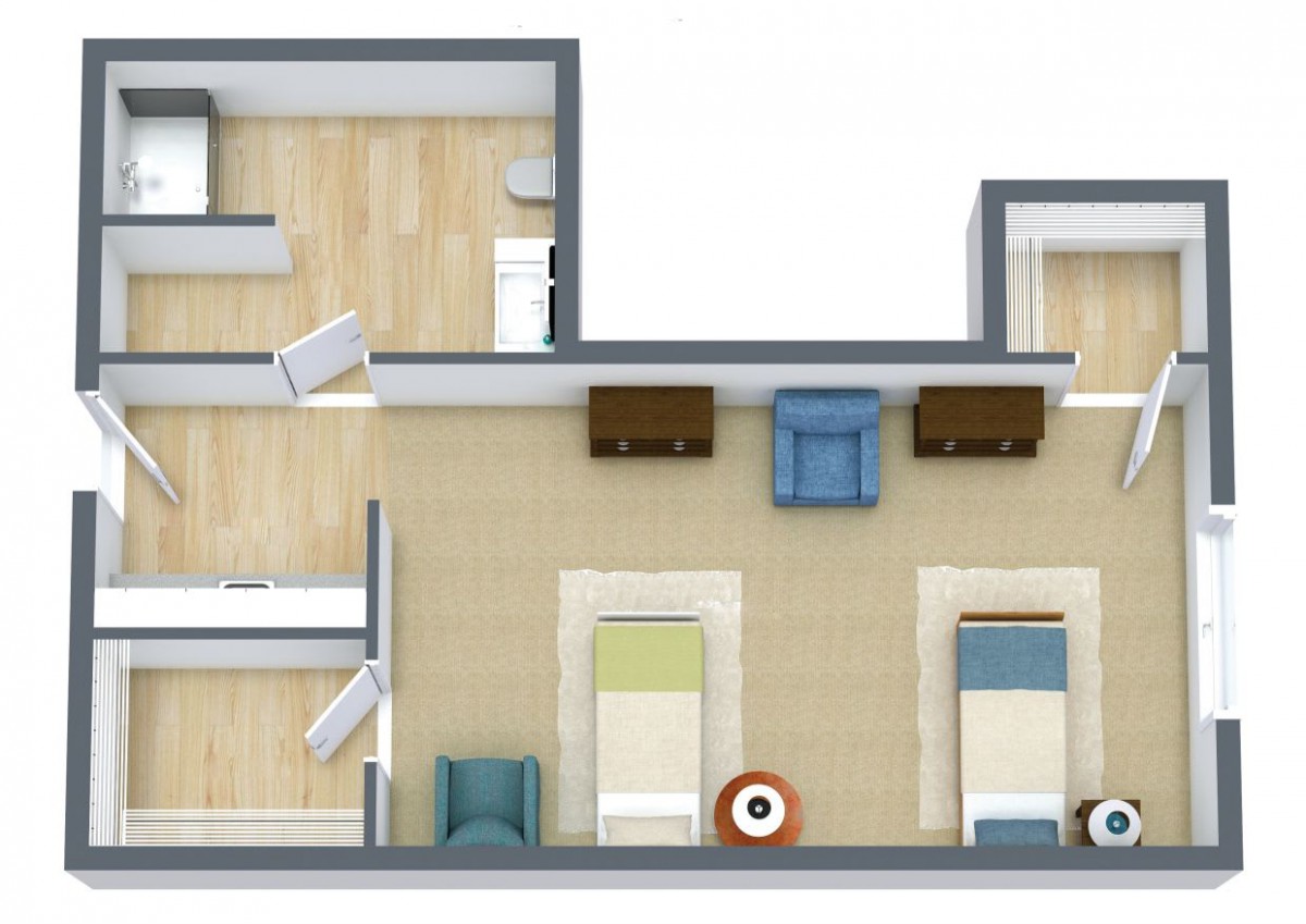 A 3D floor plan layout showcasing room arrangements and furniture placement.