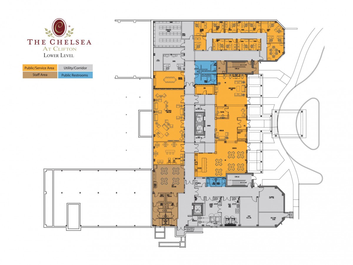 Floor plan of the Chelsea Conference Center highlighting room layouts and sections.