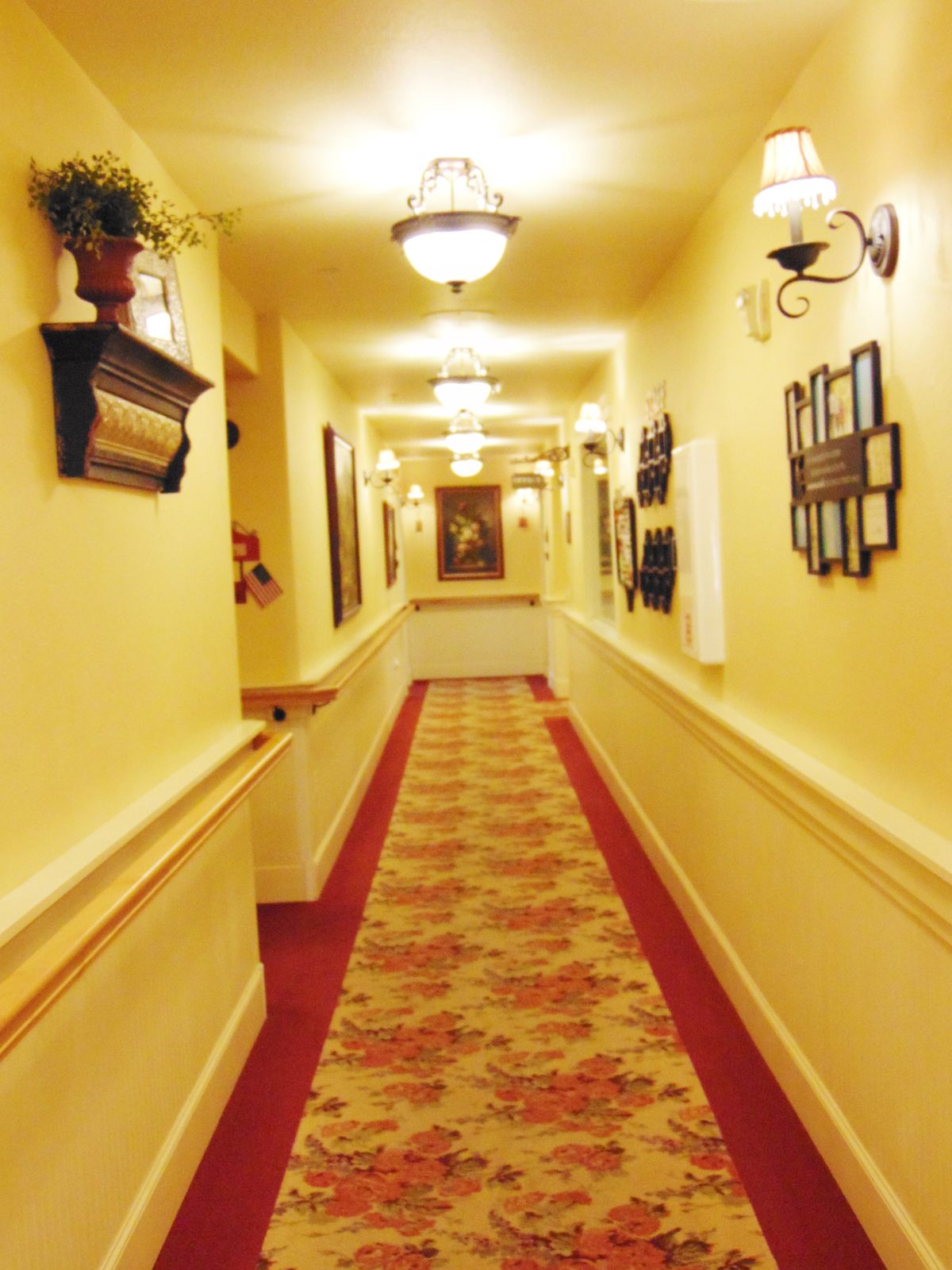 A warmly lit hallway with decorative wall art and a patterned carpet.