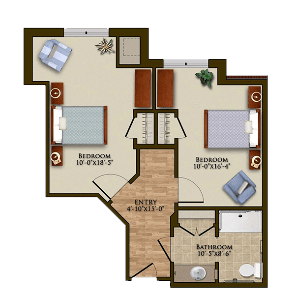 A floor plan of an apartment featuring two bedrooms and a bathroom.