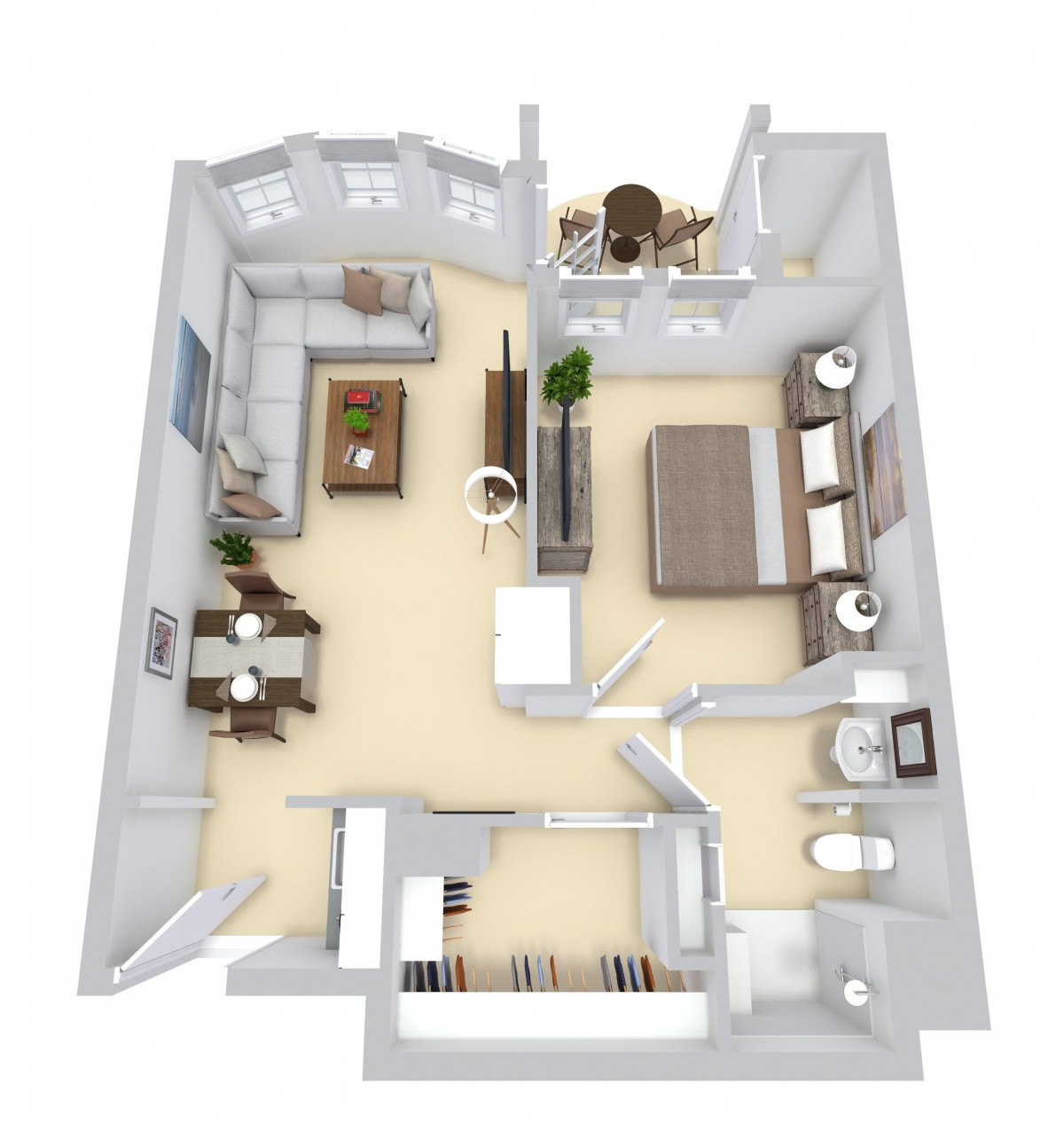 A 3D floor plan of an apartment showing the layout of a living room, bedroom, kitchen, and bathroom.