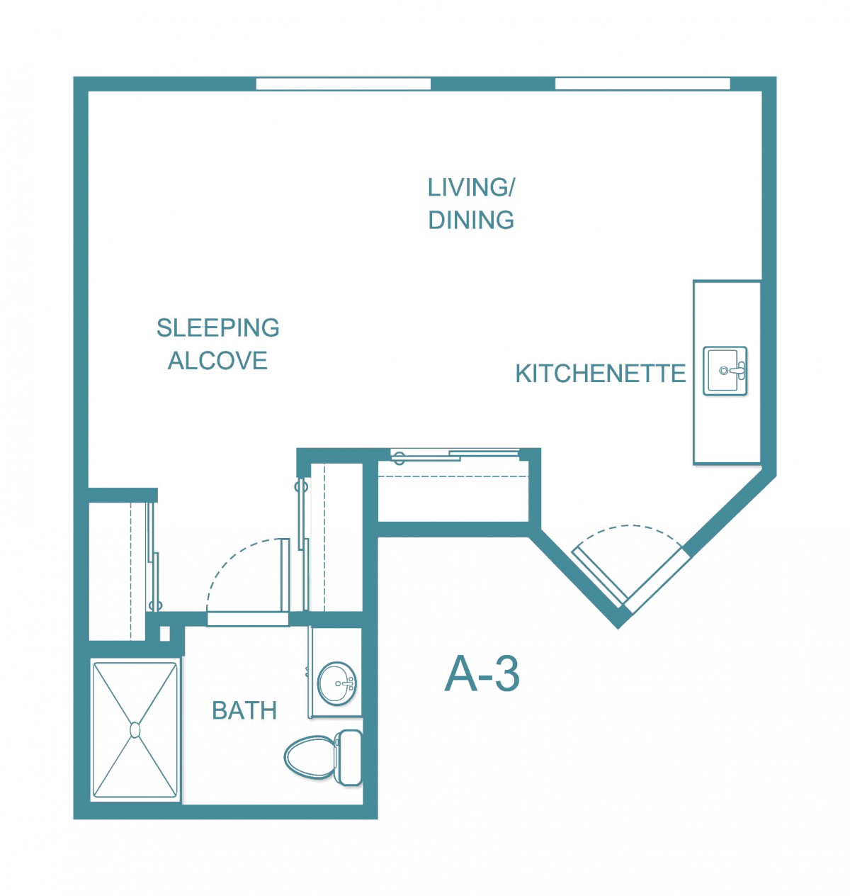 A floor plan of a compact studio apartment with designated areas for living, dining, sleeping, and a kitchenette.