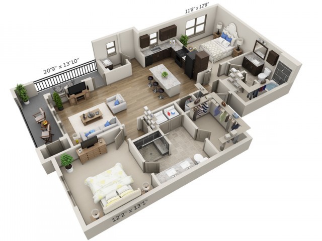 A 3D floor plan showcasing a modern apartment layout with furniture arrangement and room design.