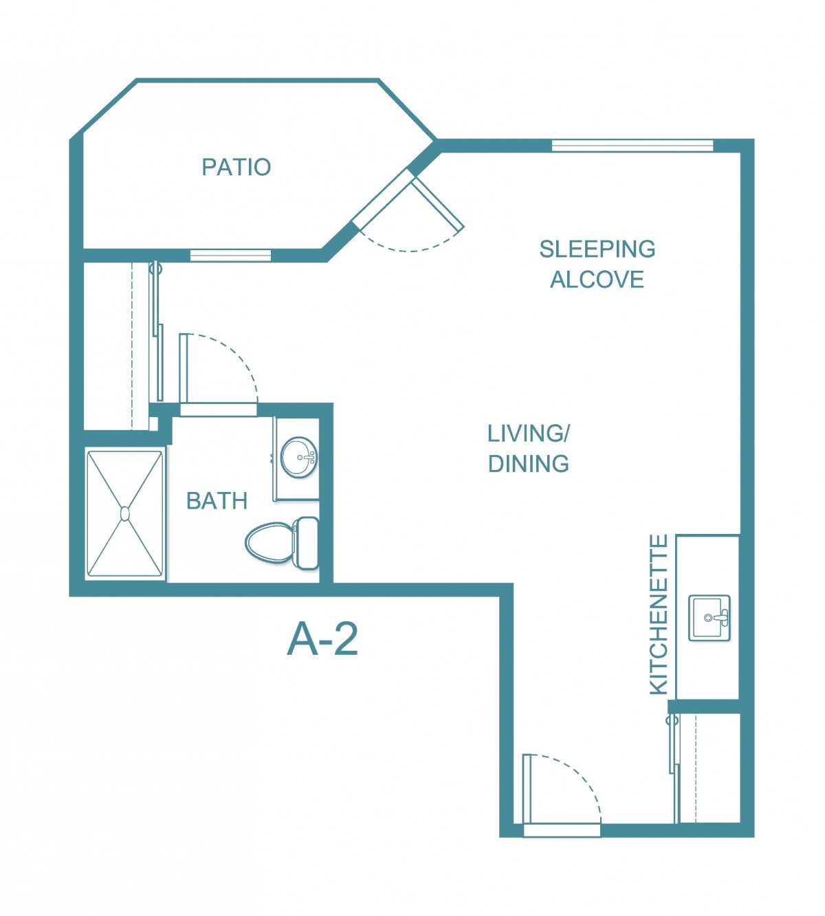 Studio apartment floor plan with patio, sleeping alcove, and combined living/dining area.