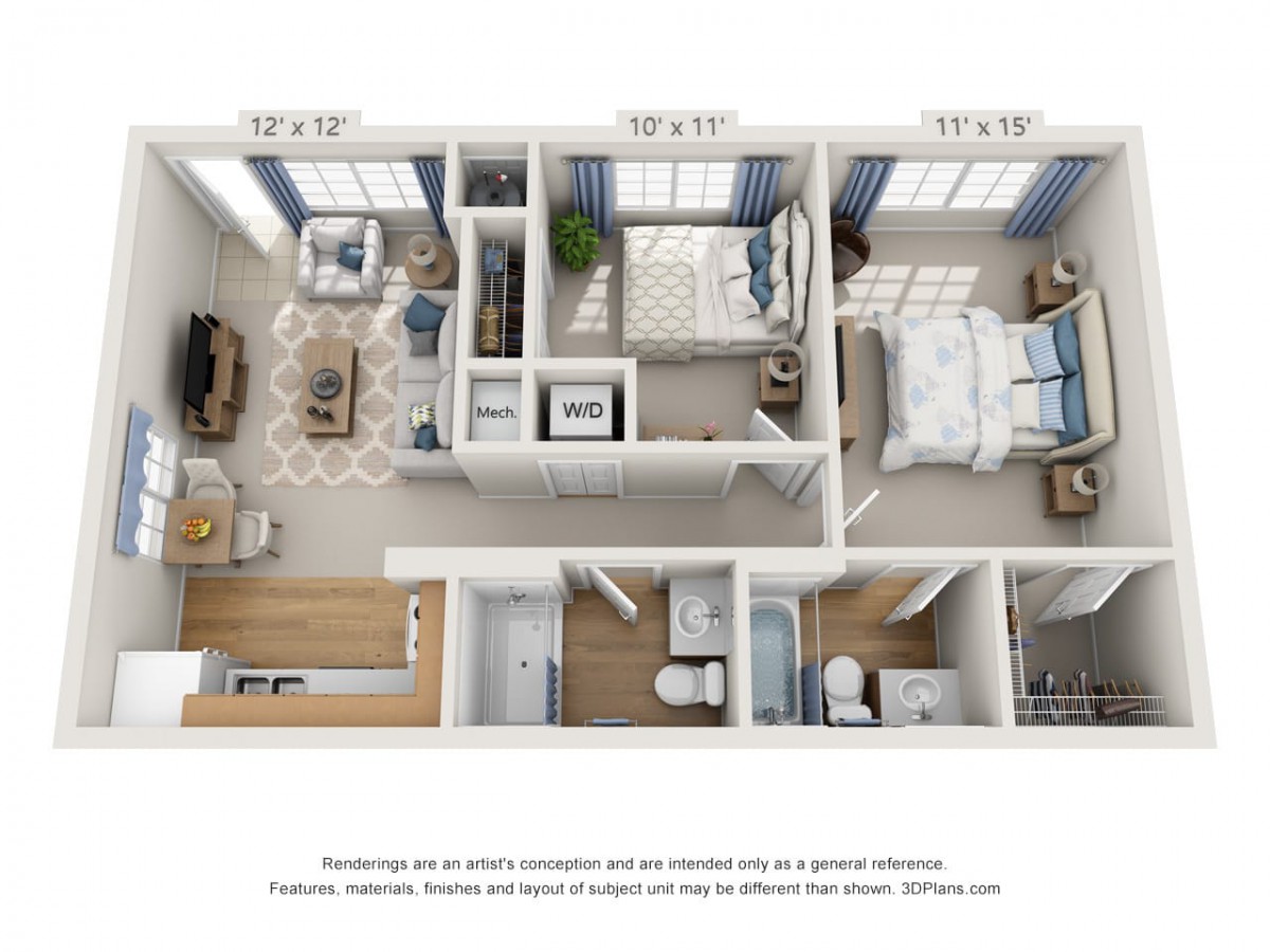 A detailed 3D floor plan of a residential apartment featuring two bedrooms, a living area, kitchen, and bathroom.