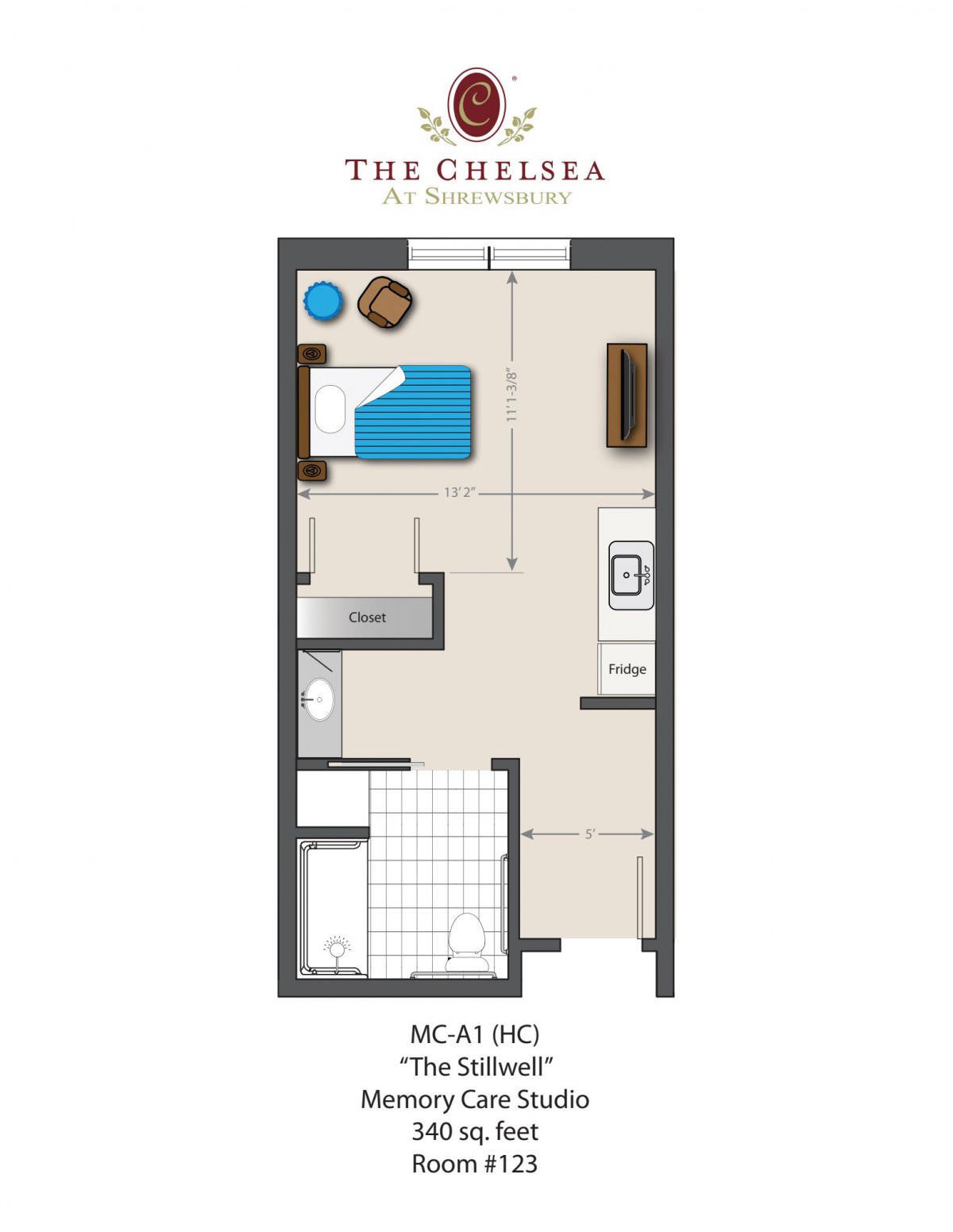 Studio apartment floor plan: The Sibley at The Chelsea.