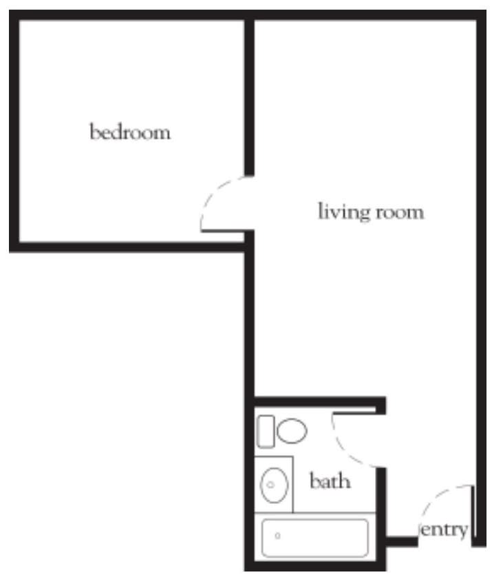 A simple floor plan of a one-bedroom apartment with a living room and bathroom.