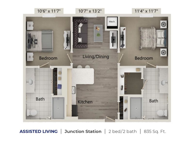 Floor plan of a two-bedroom, two-bathroom apartment with living and dining areas.
