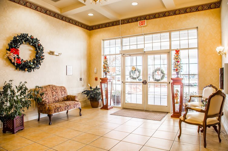 A welcoming lobby area with seating and decor near the entrance.