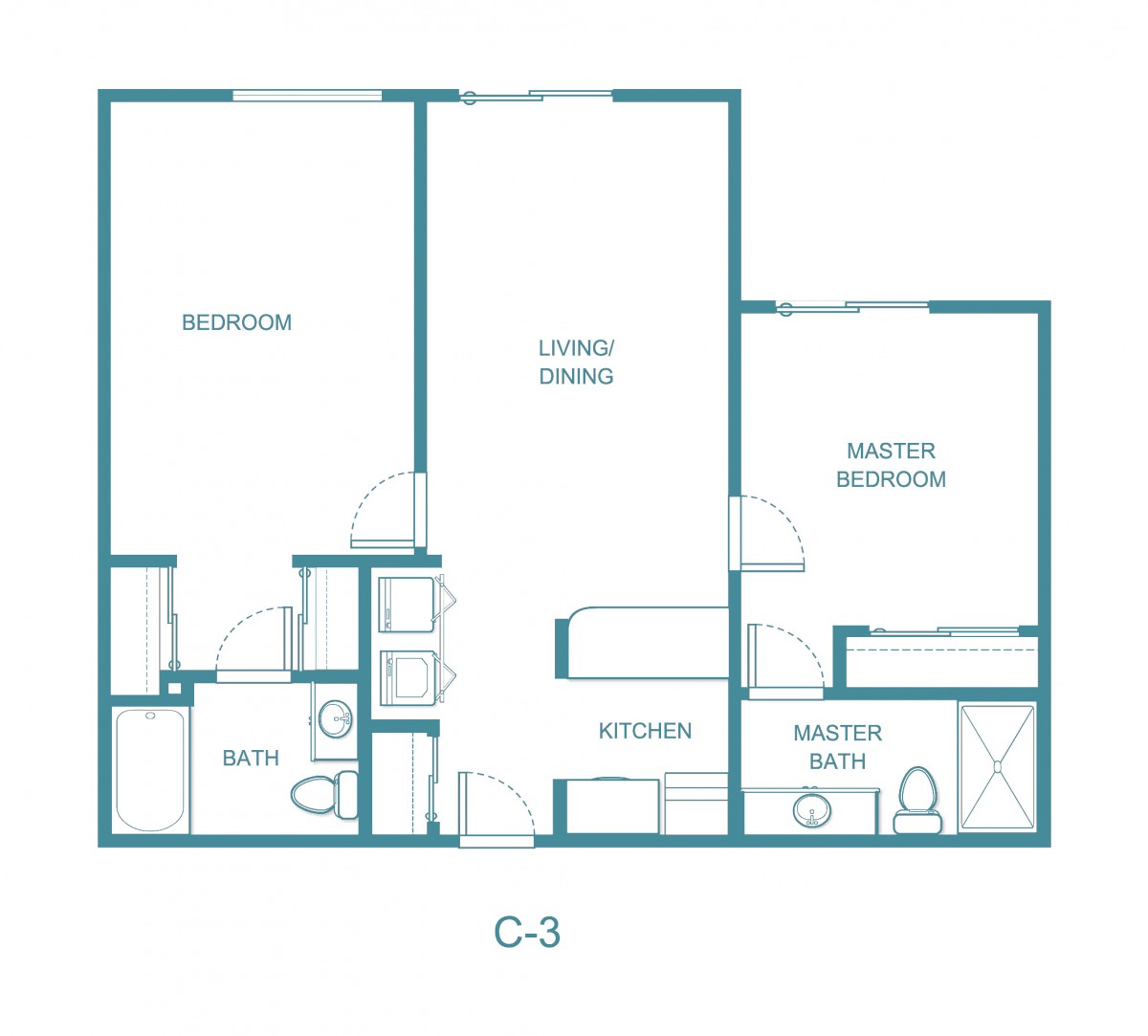 A floor plan of a two-bedroom apartment featuring a living/dining area, kitchen, and bathrooms.