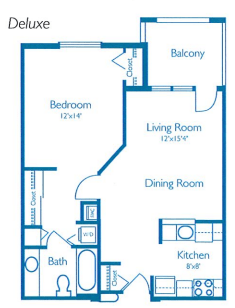 A floor plan of a one-bedroom apartment with labeled rooms and dimensions.