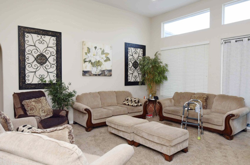 A well-decorated living room with comfortable sofas, artwork on the walls, and indoor plants.