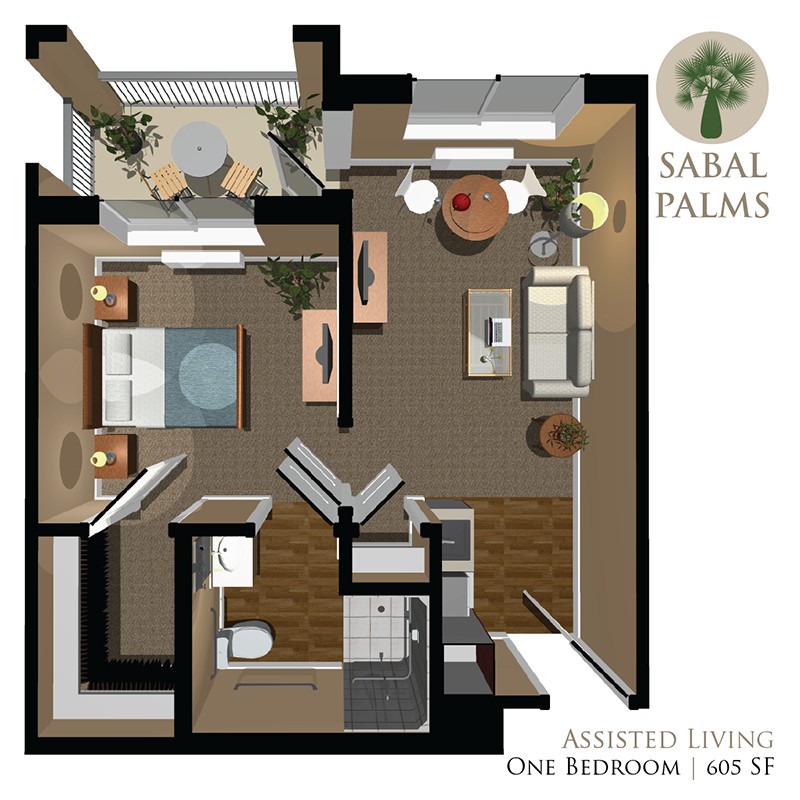 Sabal Palms apartment floor plan showcasing a one-bedroom layout with designated living and dining areas.