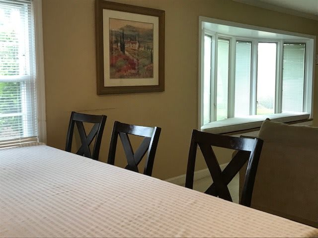 A dining room with a table, chairs, and a window featuring a hanging painting.