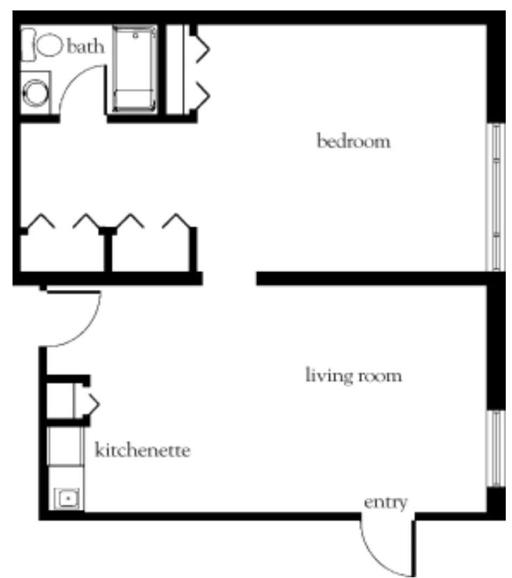 A floor plan of a one-bedroom apartment with kitchenette and living room.