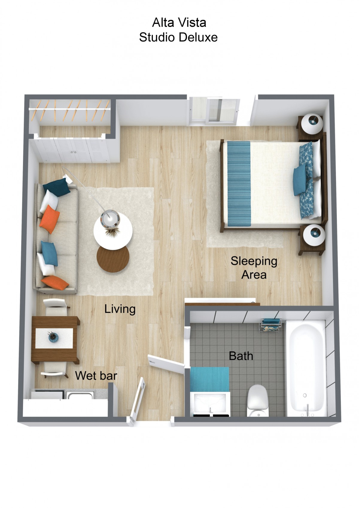 An apartment floor plan featuring a living area, sleeping area, and bathroom.