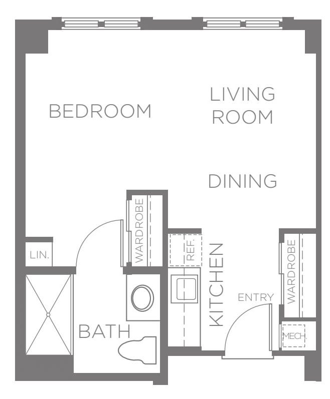 A floor plan of an apartment showing a layout with a bedroom, living room, kitchen, and bathroom.