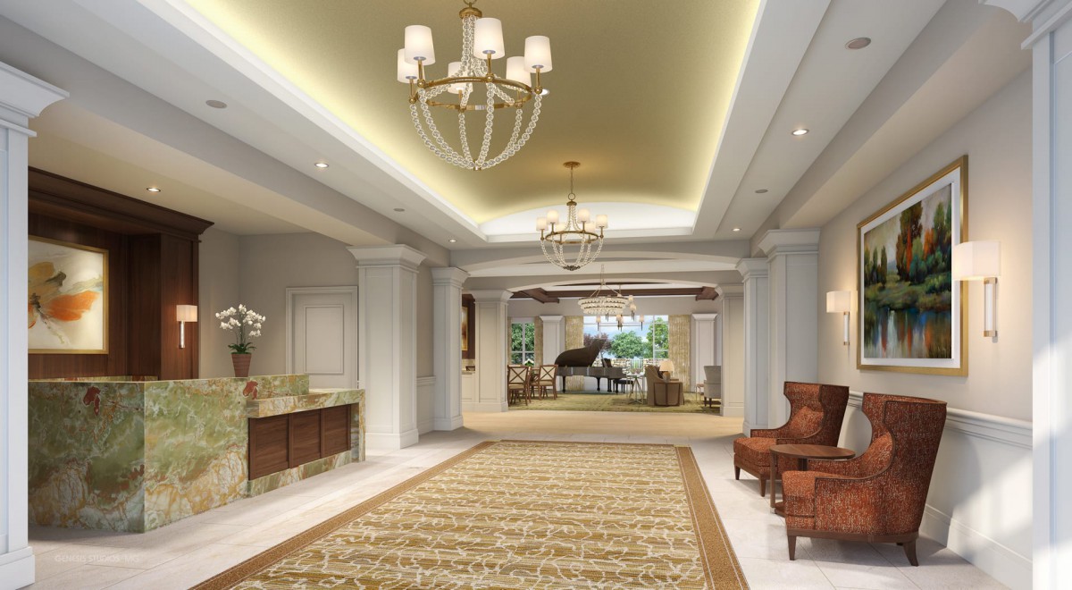 Elegant hotel lobby with chandeliers and comfortable seating.