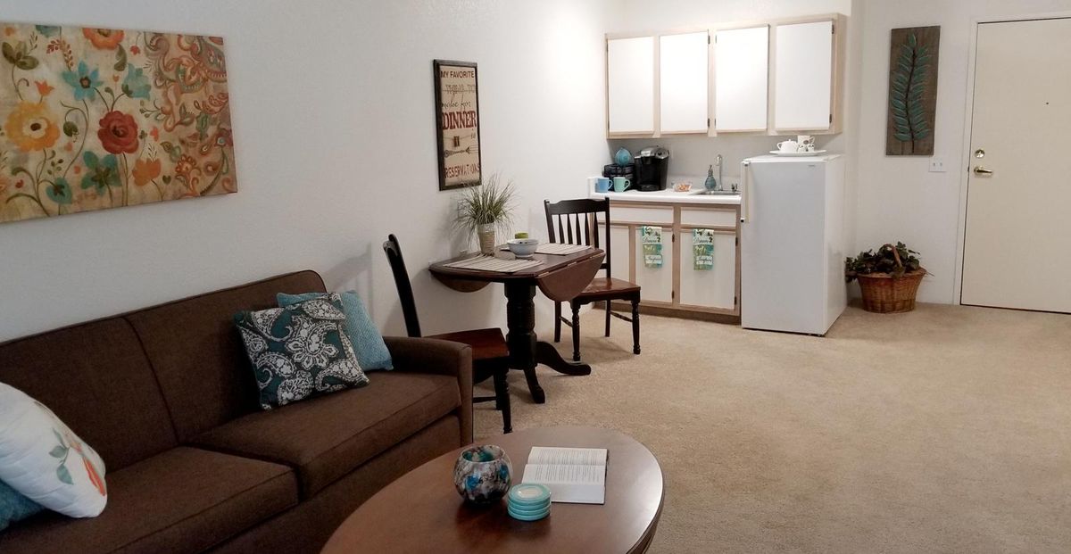 A cozy apartment living space with a small kitchen and comfortable seating area.