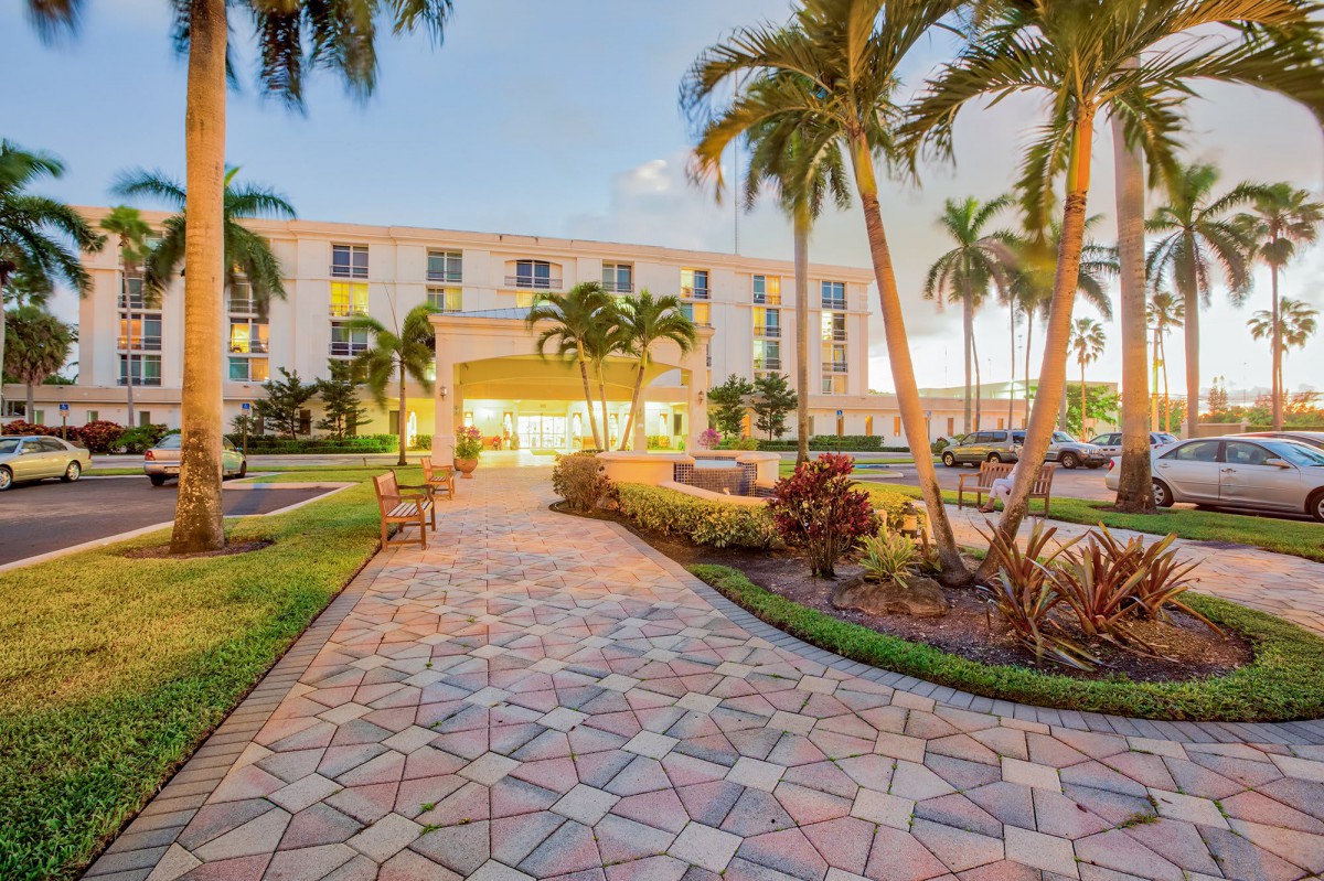 A welcoming hotel exterior with a landscaped pathway lined with palm trees leading to the entrance.
