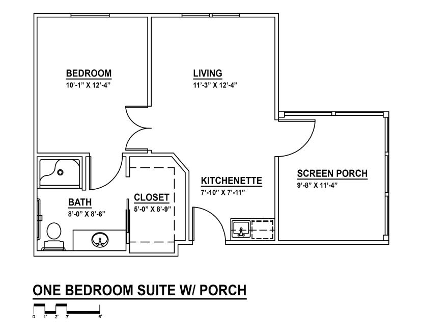 Floor plan of a one-bedroom suite with a living room, kitchenette, bathroom, and screen porch.